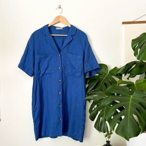 EVERLANE 100% Linen Workwear Shirt Dress w/ Pockets Solid Blue LAGENLOOK Medium